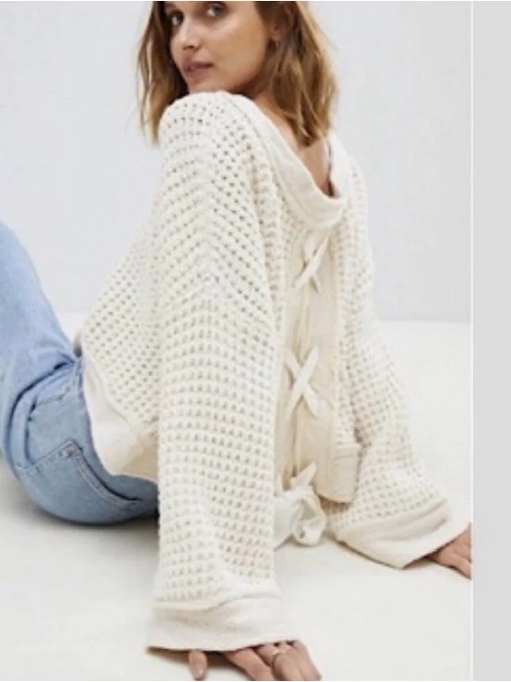 Free People Maybe Baby Waffle Knit Lace Up Back Cropped Sweater Cream Ivory XS